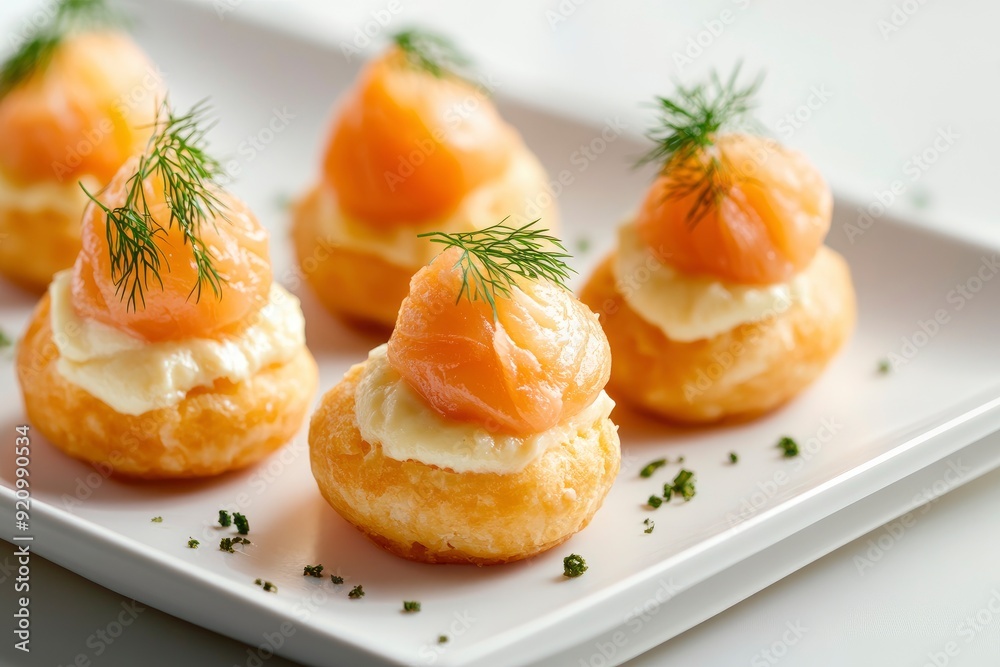 Elegant salmon profiterole garnished with dill on a minimalist white plate, ideal for gourmet finger food concept - generative ai Elegant salmon profiterole garnished with dill on a minimalist white plate, ideal for gourmet finger food concept - generative ai