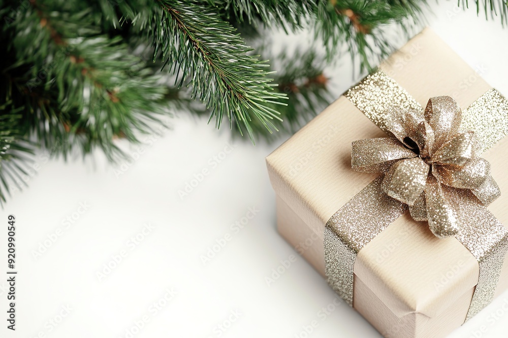 Gift box with golden ribbon on white background, pine branches. Gift box with golden ribbon on white background, pine branches.