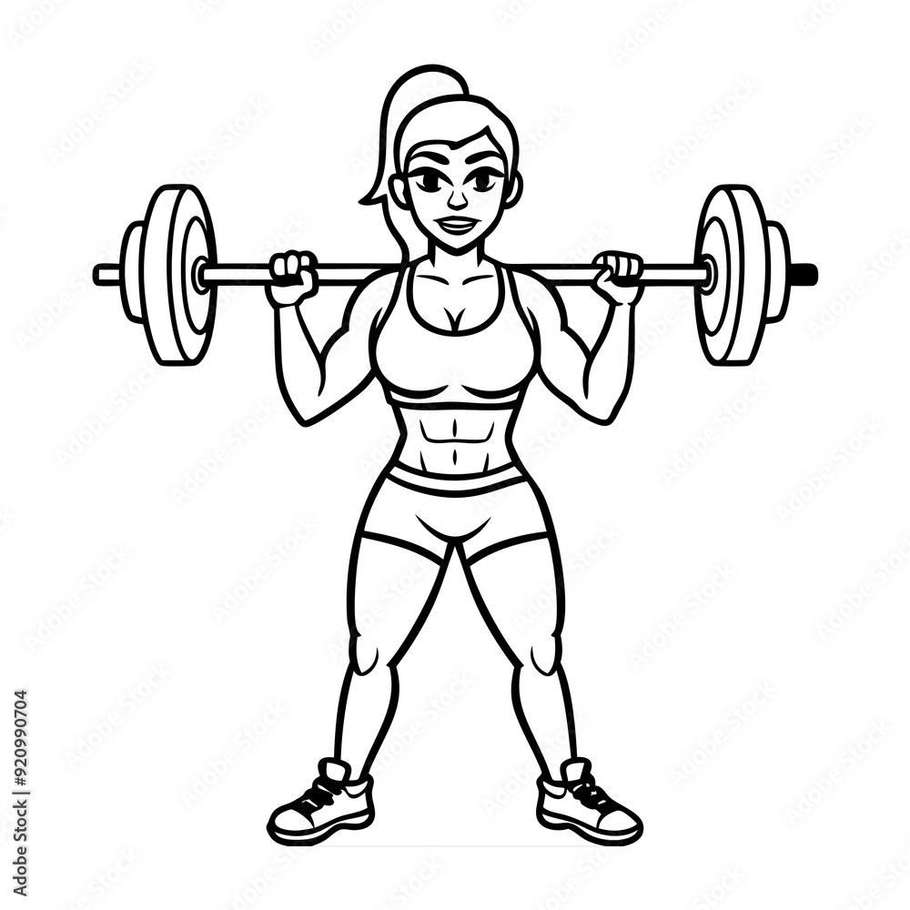 Obraz premium Fitness Girl Lifting Heavy Barbell Vector Illustration - Cartoon Clipart and Line Art Design
