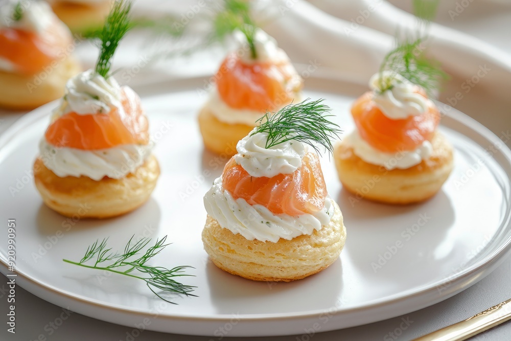 Elegant salmon profiterole garnished with dill on a minimalist white plate, ideal for gourmet finger food concept - generative ai Elegant salmon profiterole garnished with dill on a minimalist white plate, ideal for gourmet finger food concept - generative ai