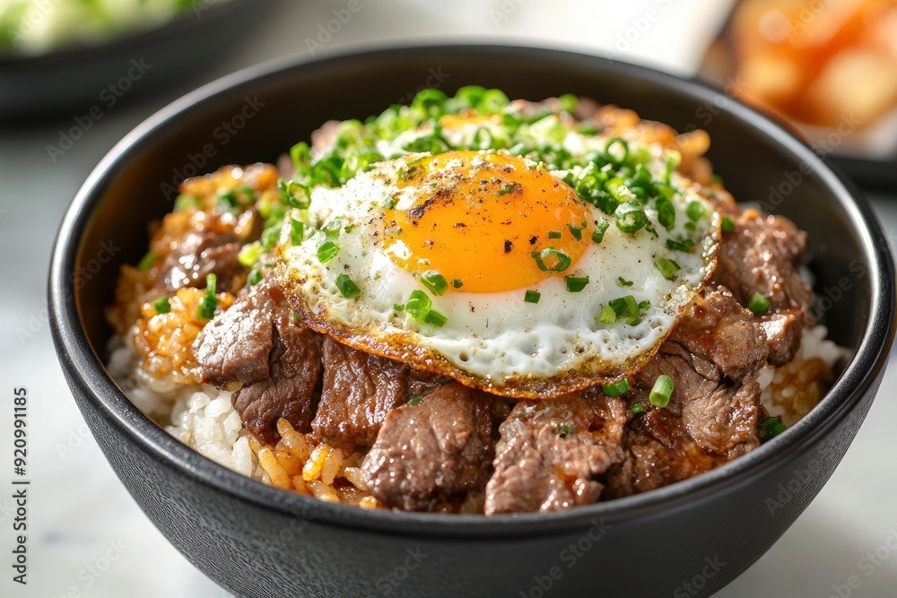 Enjoy a satisfying lunch with our flavorful Beef Donburi topped with a perfectly cooked sunny side up egg - generative ai Enjoy a satisfying lunch with our flavorful Beef Donburi topped with a perfectly cooked sunny side up egg - generative ai