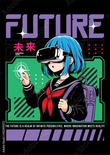 Anime girl poster in manga style. Tokyo Japan anime girl with concept of virtual reality,retro,futurism,futuristic,cyberpunk. Japanese y2k vector illustration. Kanji translation is Future