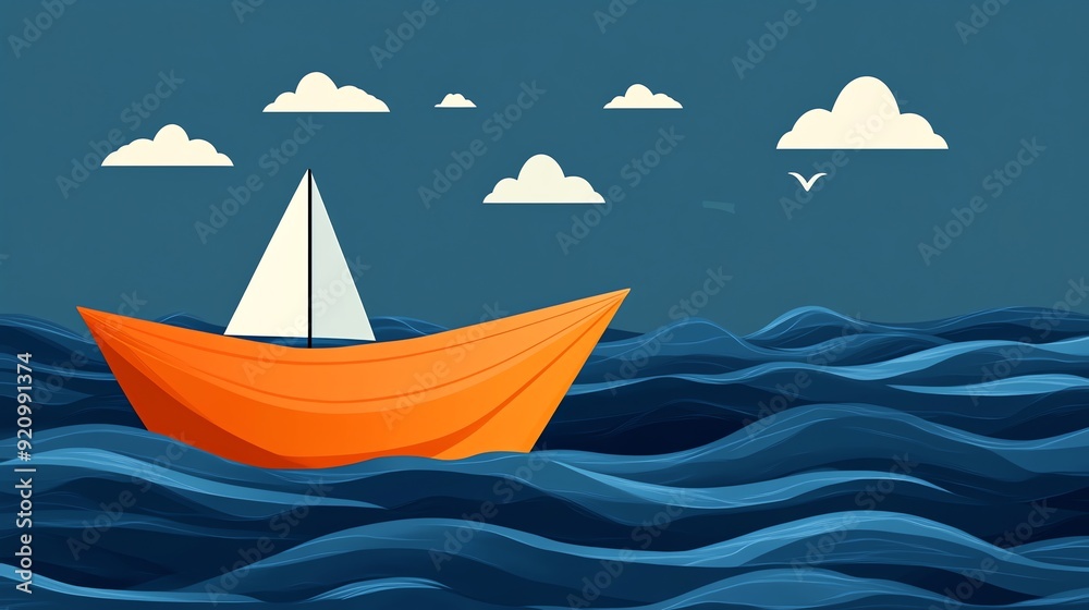 Naklejka premium Paper boat sailing on blue waves.