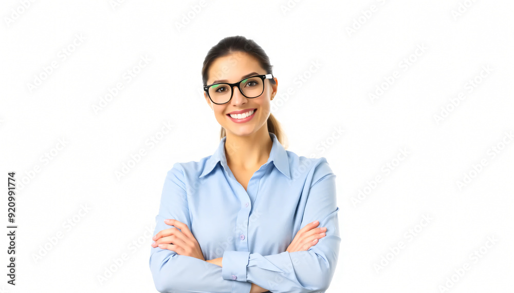portrait of a woman in a shirt and glasses on a white background, female doctor, boss, business person model customer service portrait of a woman in a shirt and glasses on a white background, female doctor, boss, business person model customer service