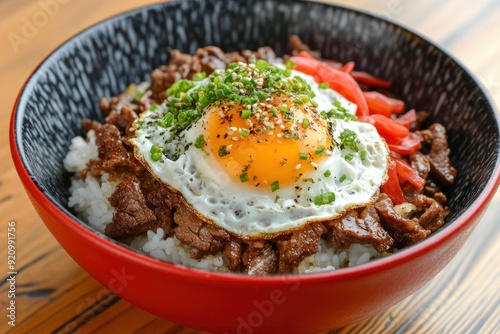 Enjoy a satisfying lunch with our flavorful Beef Donburi topped with a perfectly cooked sunny side up egg - generative ai photo