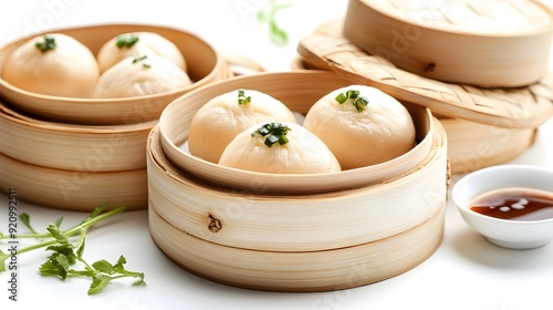 Realistic photograph of four steamed buns in a wooden basket against a solid stark white background with focused lighting, dumplings