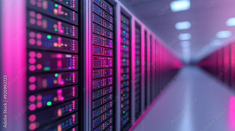 Modern data center with illuminated server racks in pink and purple light, showcasing advanced technology and secure data storage solutions. Modern data center with illuminated server racks in pink and purple light, showcasing advanced technology and secure data storage solutions.