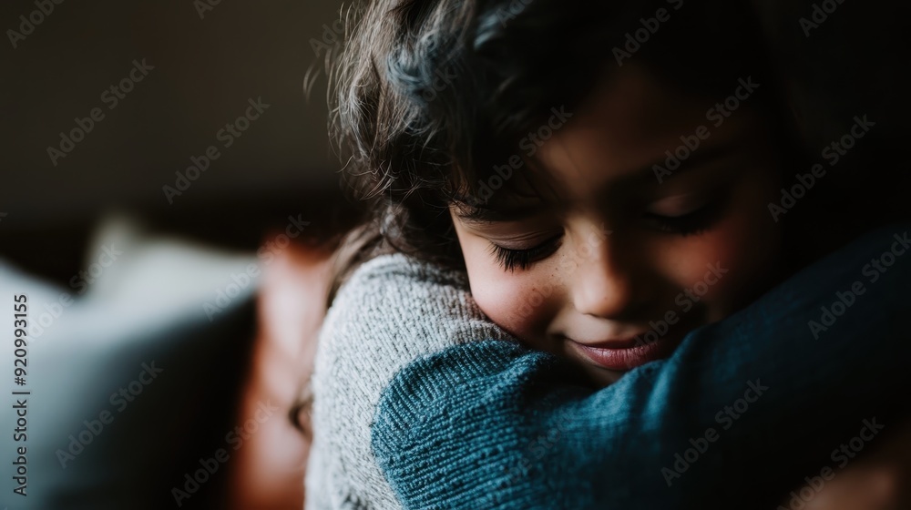 A child hugs someone, showing a relaxed and content smile, capturing a moment of affection and comfort, with a soft and intimate atmosphere, focusing on the child’s expression. A child hugs someone, showing a relaxed and content smile, capturing a moment of affection and comfort, with a soft and intimate atmosphere, focusing on the child’s expression.