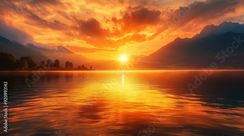 Golden Sunset Serenity: Tranquil Lake Reflecting Warm Vibrant Colors