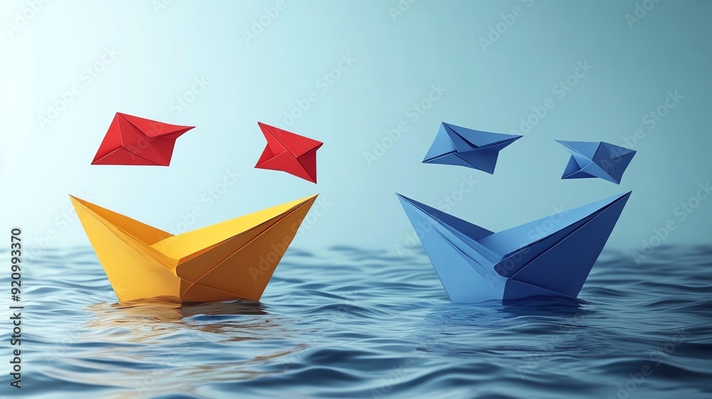Two paper boats floating on blue water with origami planes flying overhead. Two paper boats floating on blue water with origami planes flying overhead.