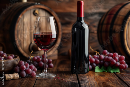 Copa de vino y botella de tinto con barriles de fondo y uvas.