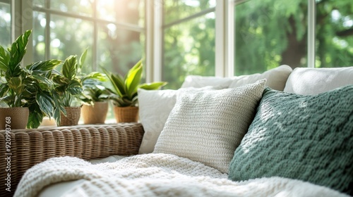 A comfortable living room area featuring an assortment of plants and cushions, bathed in natural sunlight streaming through the large windows, creating a serene atmosphere.
