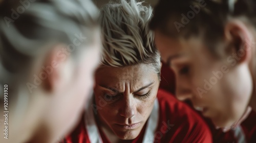 Image capturing the stylish hair and red clothing of a person focused on an indoor activity environment, exuding determination and focus surrounded by peers in the background.