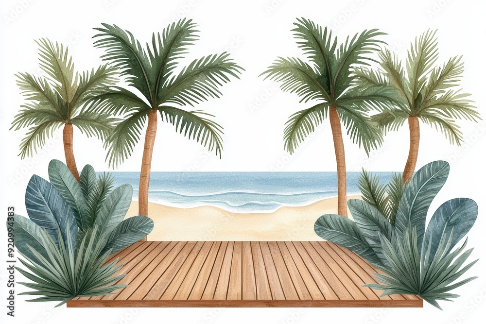Fototapeta premium A serene beach scene featuring swaying palm trees and lush greenery, perfect for tropical themed designs and relaxation.