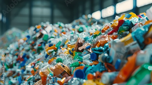 A vibrant pile of plastic waste in a recycling facility showcasing the abundant colors and forms of discarded containers.