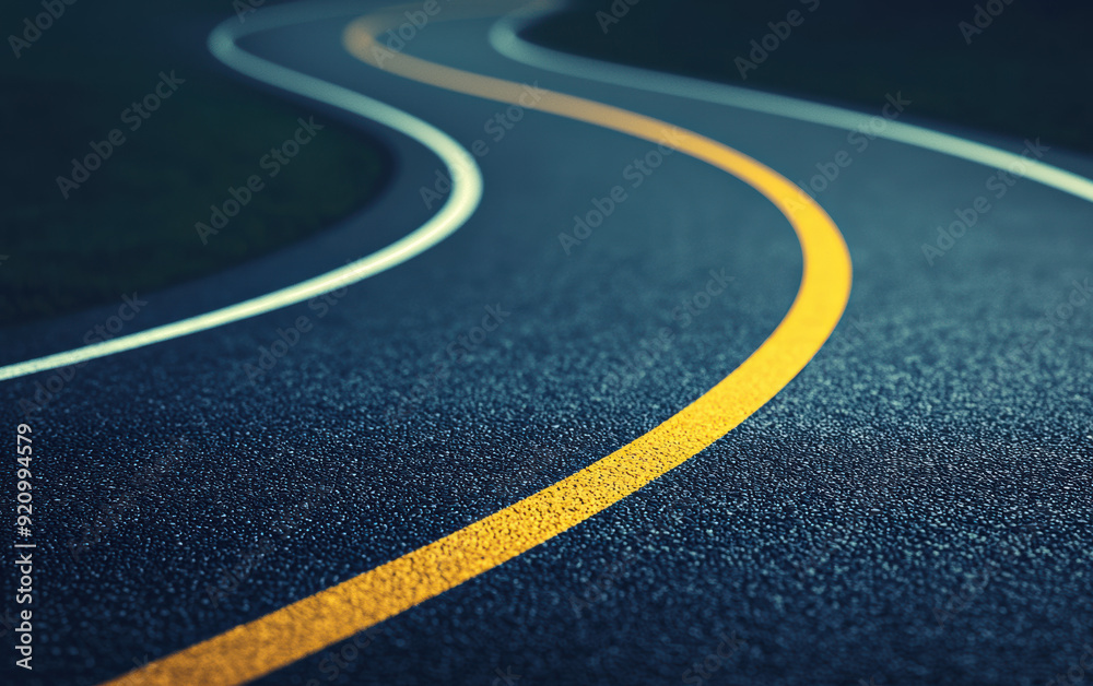 Winding road with bright yellow lines under a dark sky, symbolizing journey and adventure in a serene, minimalist landscape. Winding road with bright yellow lines under a dark sky, symbolizing journey and adventure in a serene, minimalist landscape.