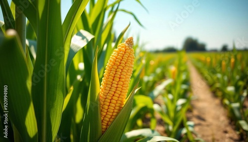  Close-up of vibrant green corn stalks in a sunlit field