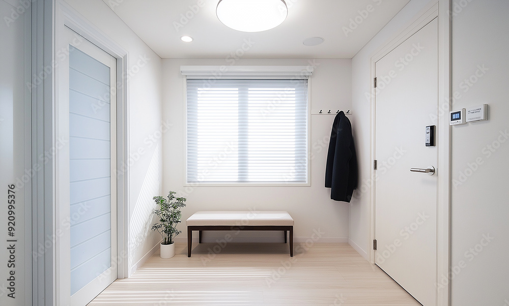 a room with a bench a plant a plant and a bench