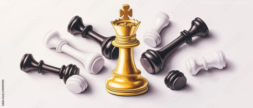 A striking composition featuring a golden chess king surrounded by black and white pawns, symbolizing victory and strategy. A striking composition featuring a golden chess king surrounded by black and white pawns, symbolizing victory and strategy.