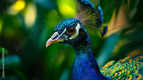 A peacock with its feathers spread out in the air