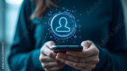 Person holding smartphone with digital hologram icon of a user profile in a futuristic tech interface