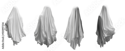 Set of white ghosts isolated on transparent or white background