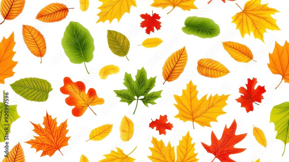 Bright and colorful seamless pattern with various autumn leaves isolated on white. Ideal for seasonal designs and fall-themed decor. Bright and colorful seamless pattern with various autumn leaves isolated on white. Ideal for seasonal designs and fall-themed decor.