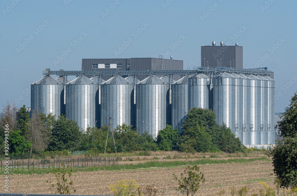 zakład przetwórczy z dużymi zbiornikami typu silos na tle otaczających łąk i zieleni