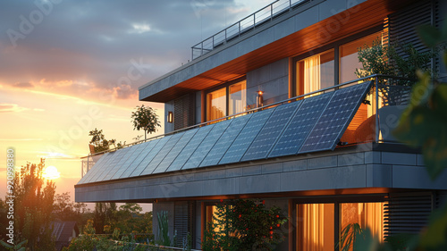 balcony with a balcony solar power system. The solar panels are mounted outside of the balcony directly in front of the railing.