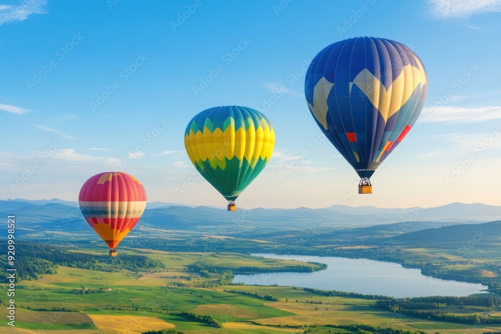 Fototapeta premium Colorful hot air balloons floating over a misty landscape at sunrise, creating a serene and dreamy atmosphere.