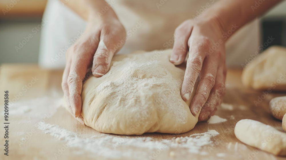 A person kneads a ball of dough on a wooden surface dusted with flour, showcasing a traditional baking process.