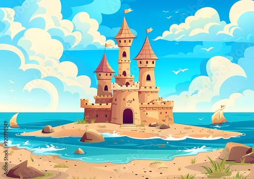 Vector cartoon illustration of medieval castle on the sea shore, beach and sky background. photo