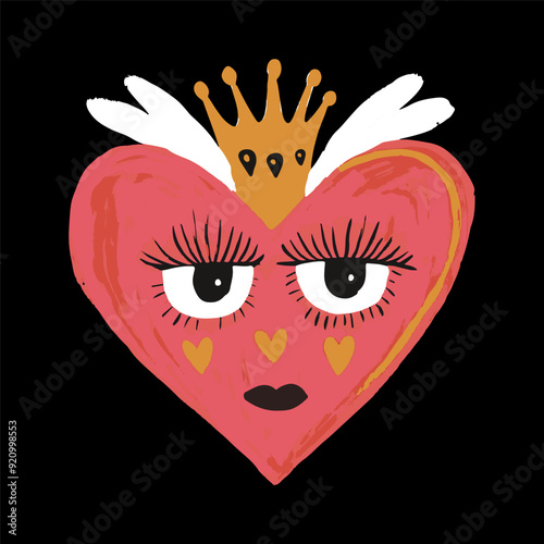 Vector quirky crying valentine's heart, groovy cute comic character. Boho doodle modern print, funny hand-drawn playful art