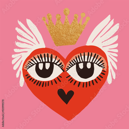 Vector quirky crying valentine's heart, groovy cute comic character. Boho doodle modern print, funny hand-drawn playful art