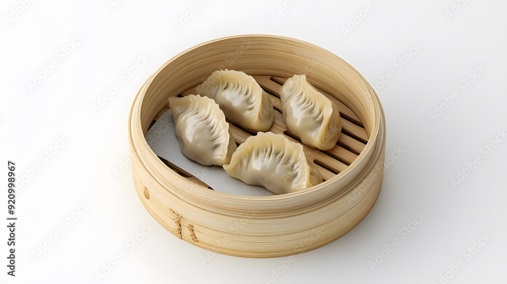 Realistic photograph of four steamed buns in a wooden basket against a solid stark white background with focused lighting, dumplings Realistic photograph of four steamed buns in a wooden basket against a solid stark white background with focused lighting, dumplings