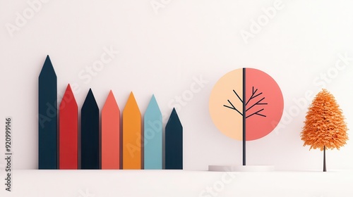 Minimalist 3D Render of Colorful Shapes and Trees on a White Background.