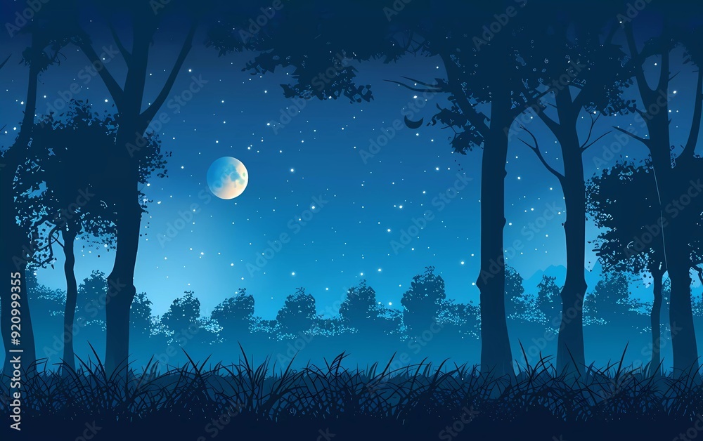 A flat vector illustration of a night sky with moon and stars, using a dark blue color palette, with silhouettes of trees in the foreground A flat vector illustration of a night sky with moon and stars, using a dark blue color palette, with silhouettes of trees in the foreground