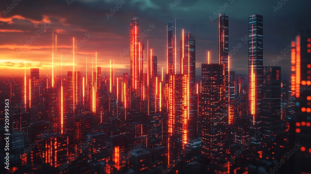 Fototapeta premium A vibrant cyberpunk cityscape featuring illuminated skyscrapers with glowing red lights, set against a dramatic sunset sky.