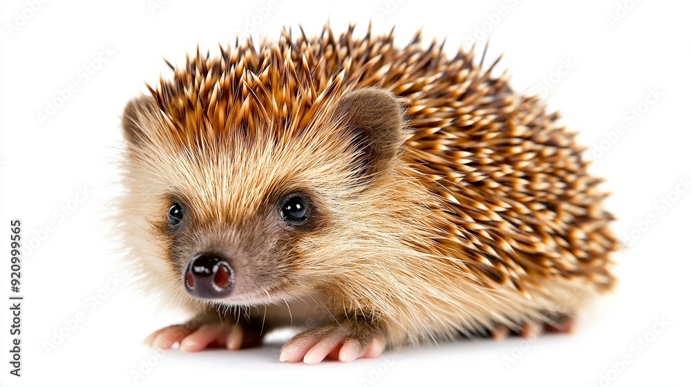 Obraz premium A small brown and white hedgehog with a black nose. It is standing on its hind legs and looking at the camera