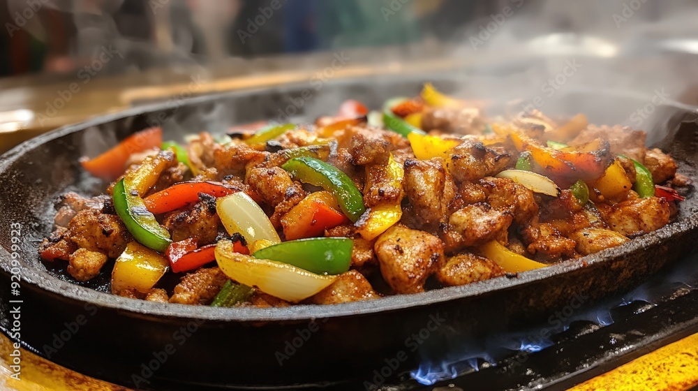 Spicy Chicken Fajitas with Bell Peppers and Onions on a Sizzling Skillet