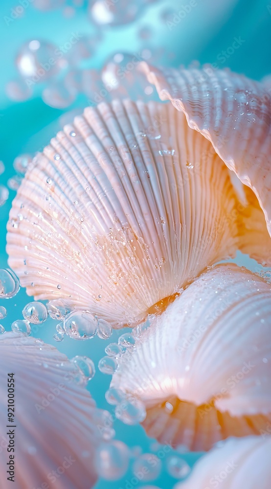 A close up of a bunch of pink seashells with water droplets on them A close up of a bunch of pink seashells with water droplets on them