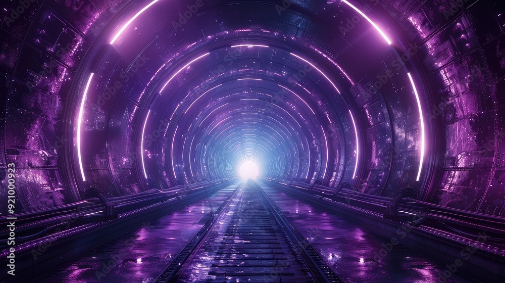 A futuristic tunnel with bright pink neon lights, leading to a bright light at the end. A futuristic tunnel with bright pink neon lights, leading to a bright light at the end.