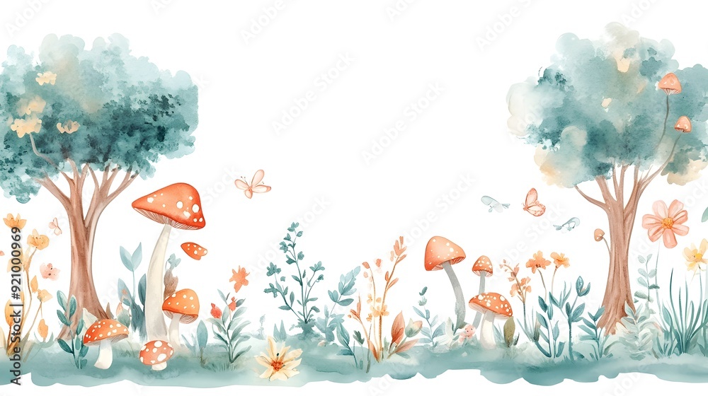 Obraz premium Whimsical Watercolor Woodland Scene with Mushrooms and Autumn Foliage
