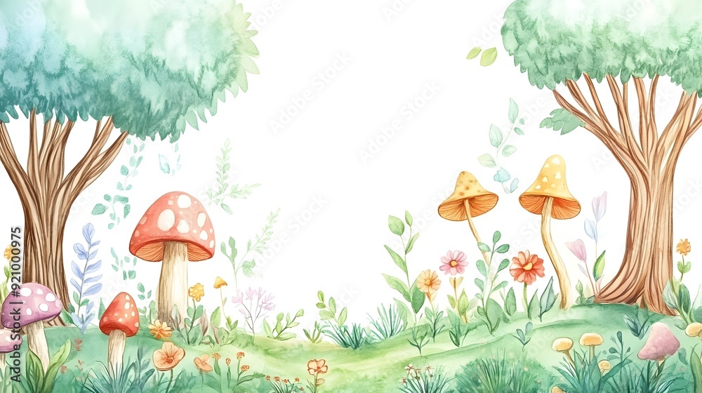 Fototapeta Enchanting Fairytale Landscape with Mystical Mushrooms and Lush Foliage