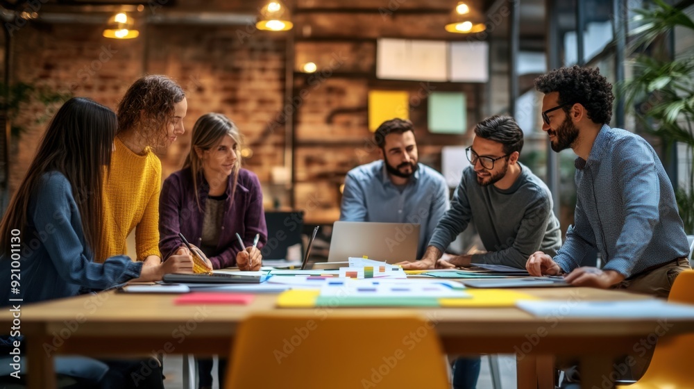 A diverse group of professionals pitching a new product concept in a high-tech boardroom A diverse group of professionals pitching a new product concept in a high-tech boardroom