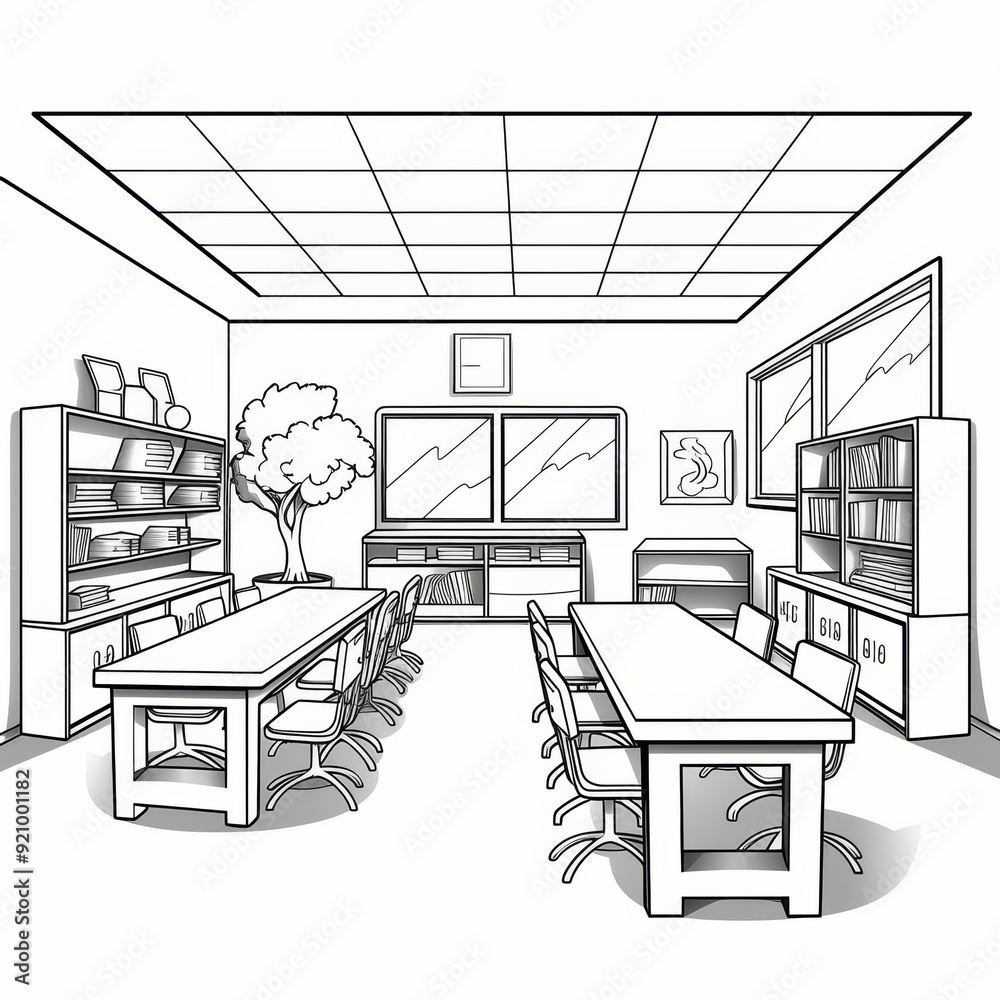 An empty classroom with two long tables and chairs, bookshelves, and windows. An empty classroom with two long tables and chairs, bookshelves, and windows.