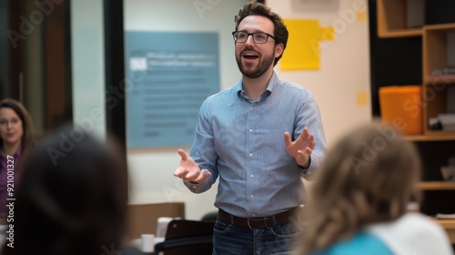 An enthusiastic entrepreneur pitching a startup idea to investors in a well-lit meeting room