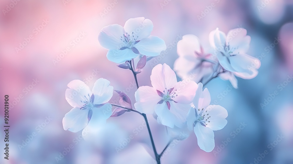Fototapeta premium Delicate Pastel Blossoms on Branches Capture Spring's Serene Beauty