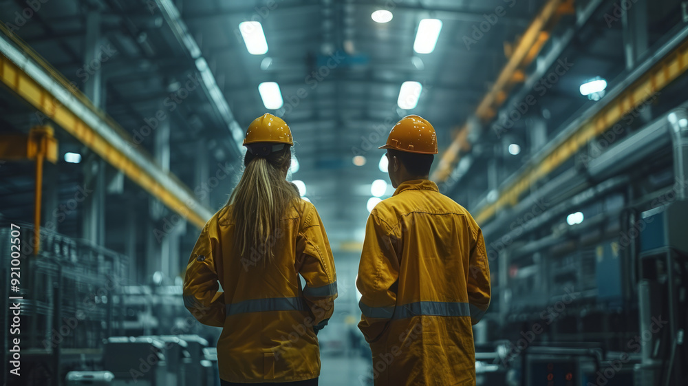 Two project managers standing in modern industrial factory, looking at laptop screen. Manufacturing facility with robotics, robotic arms and automation. Storing products and materials in warehouse. Two project managers standing in modern industrial factory, looking at laptop screen. Manufacturing facility with robotics, robotic arms and automation. Storing products and materials in warehouse.