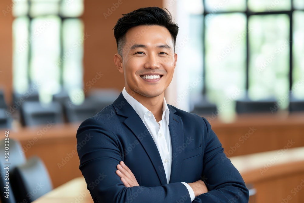 Confident professional man in a business suit smiling with arms crossed in a modern office setting.